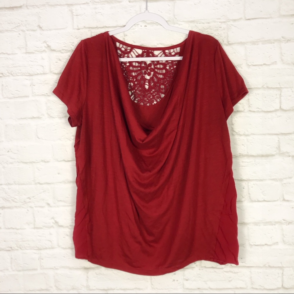 Skylar + Jade Cowl Crochet Lace Open Back Red Top